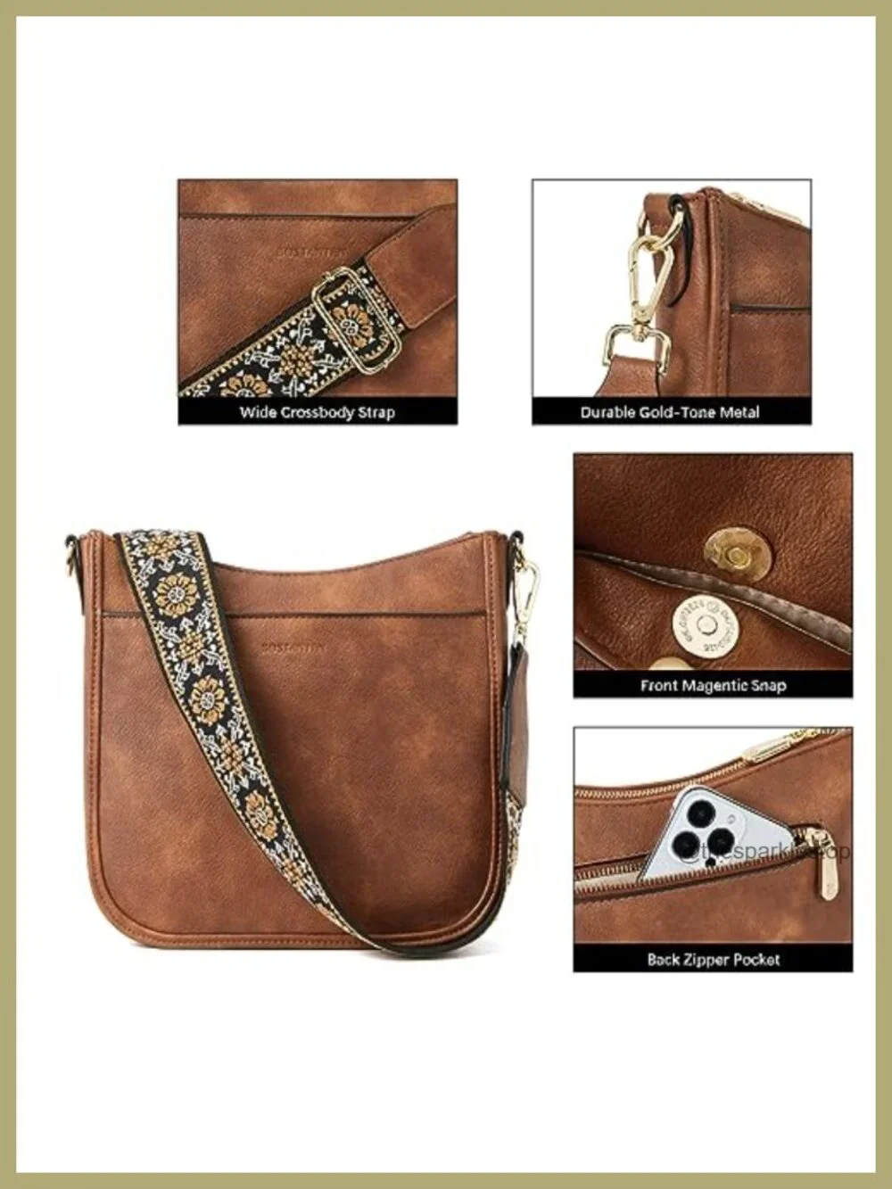 Vegan Leather Hobo Crossbody Bag with Adjustable Guitar Strap